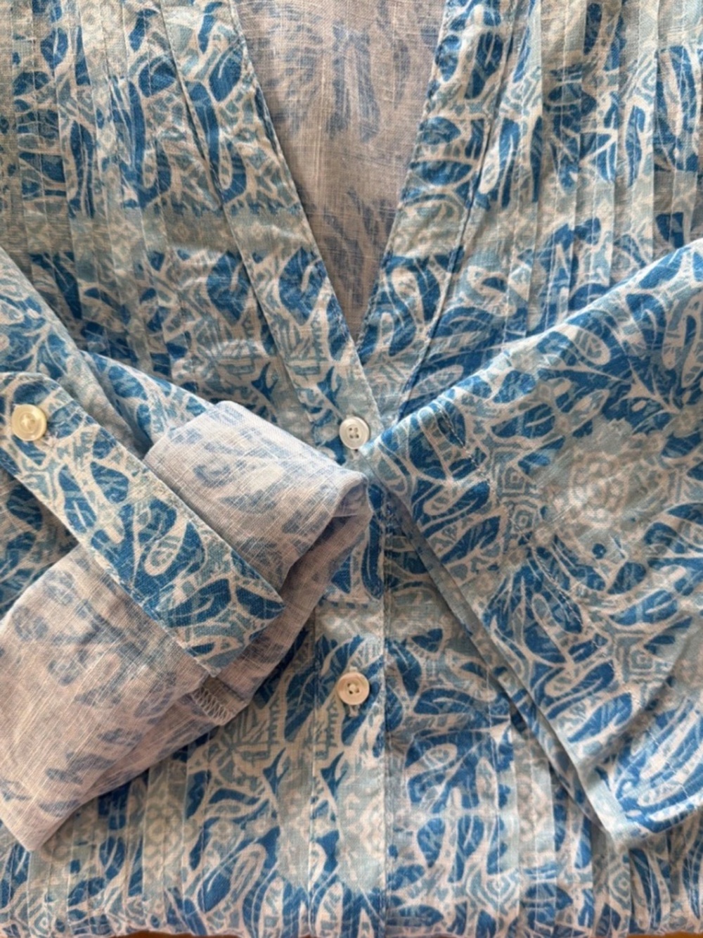 J. McLaughlin Riviera Print Blue Linen Shift Dress Pleated Roll Tab Sleeves Sz M - Picture 7 of 10